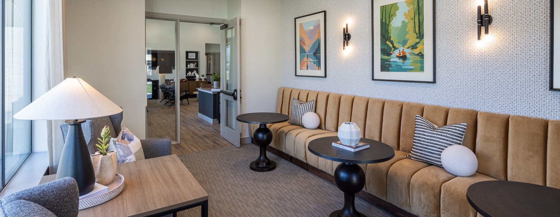 a room with tables and chairs